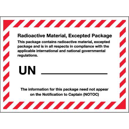 4 <span class='fraction'>3/8</span> x 3 <span class='fraction'>1/4</span>" - "Radioactive Material, Excepted Package" Labels