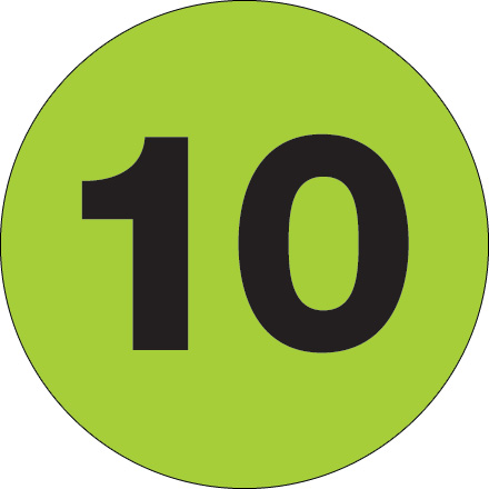 1" Circle - "10" (Fluorescent Green) Number Labels