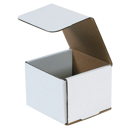 4 <span class='fraction'>3/8</span> x 4 <span class='fraction'>3/8</span> x 3 <span class='fraction'>1/2</span>" White Corrugated Mailers