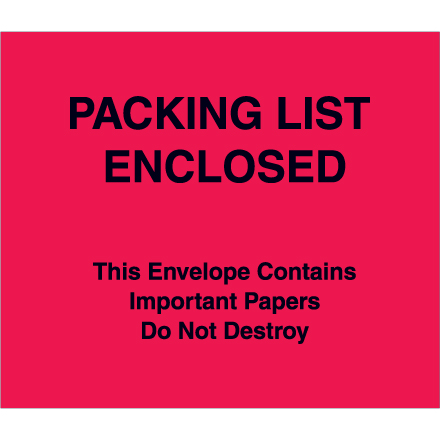 7 x 6" Red (Paper Face) "Packing List Enclosed" Important Papers Enclosed Envelopes